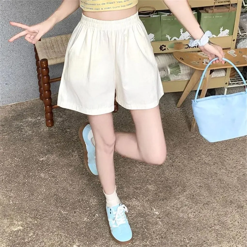 Women Double Pockets Short Pants Lady Solid Wide Leg Cotton Baggy High Waisted Shorts