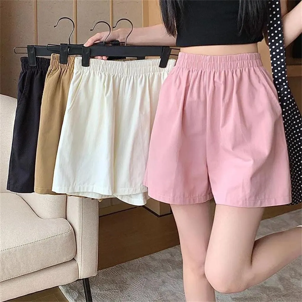 Women Double Pockets Short Pants Lady Solid Wide Leg Cotton Baggy High Waisted Shorts