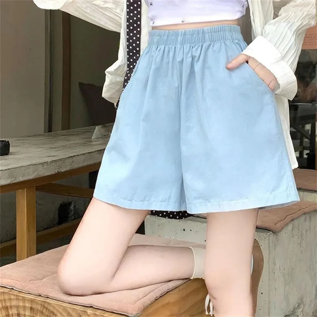Women Double Pockets Short Pants Lady Solid Wide Leg Cotton Baggy High Waisted Shorts