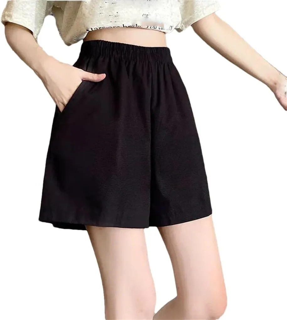 Women Double Pockets Short Pants Lady Solid Wide Leg Cotton Baggy High Waisted Shorts