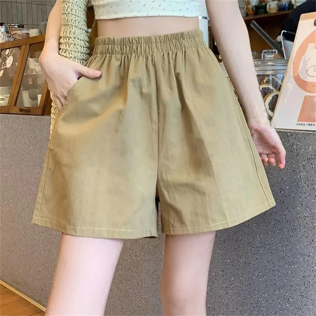 Women Double Pockets Short Pants Lady Solid Wide Leg Cotton Baggy High Waisted Shorts