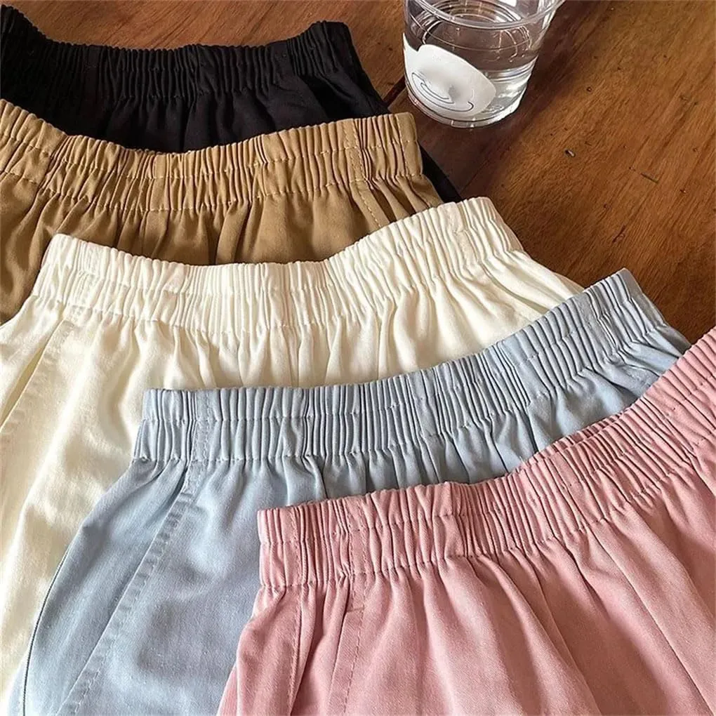 Women Double Pockets Short Pants Lady Solid Wide Leg Cotton Baggy High Waisted Shorts