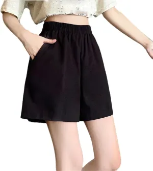 Women Double Pockets Short Pants Lady Solid Wide Leg Cotton Baggy High Waisted Shorts