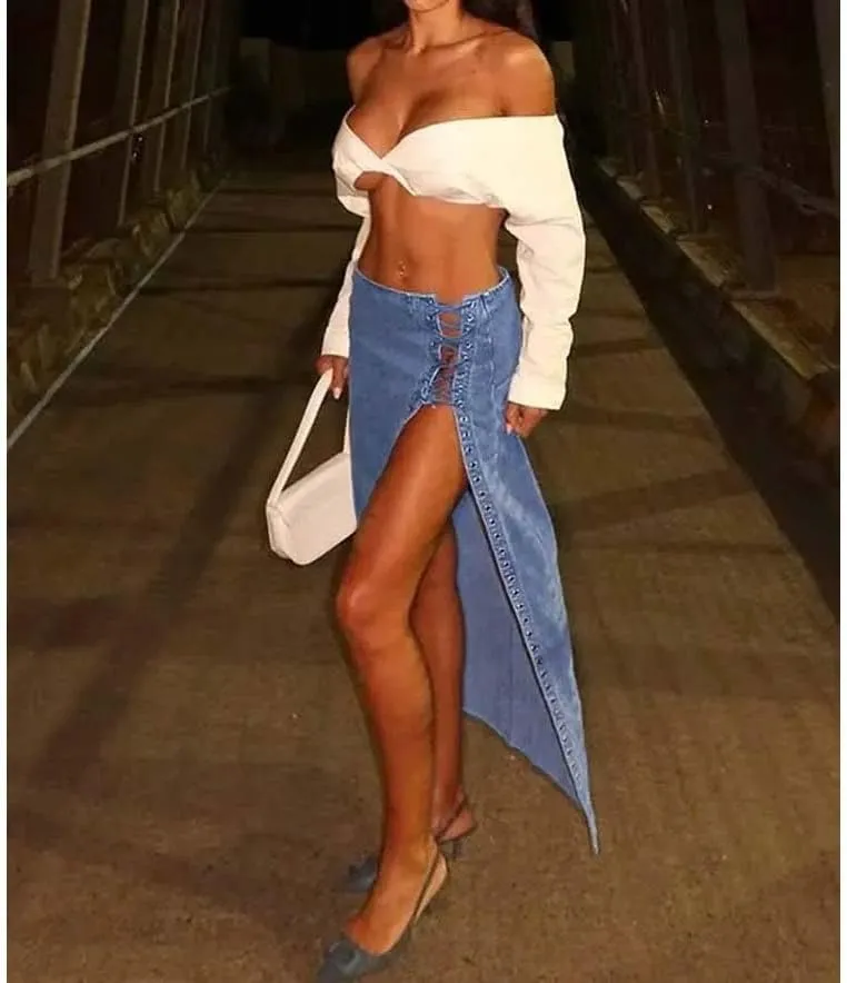 Women High Waist Lace Up Front Slit Denim Skirt Sexy Split Long Casual Street Style A-Line Midi Skirt