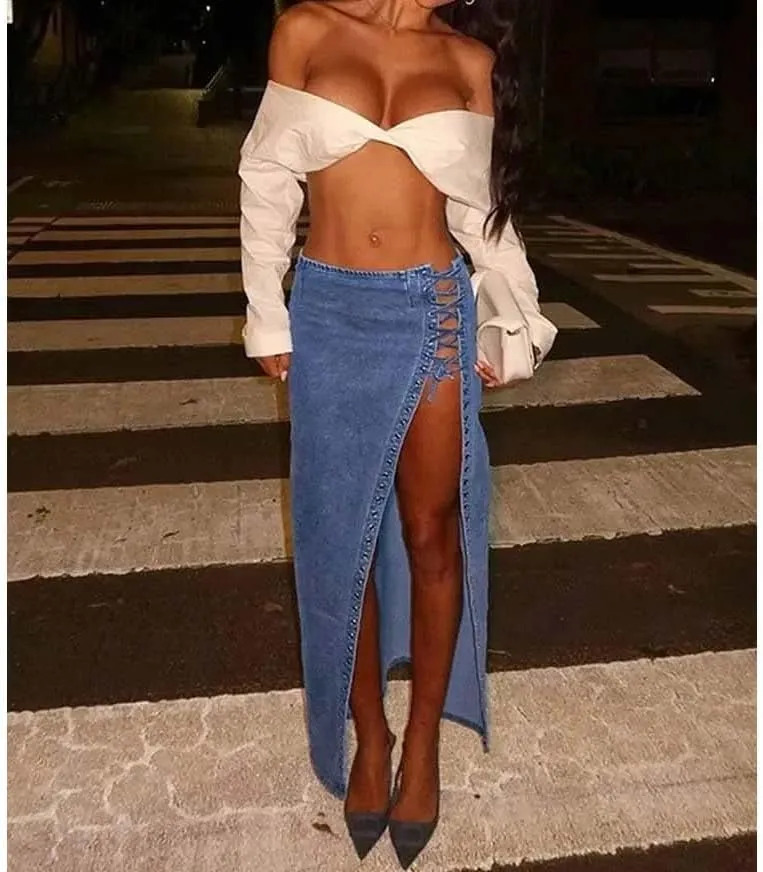 Women High Waist Lace Up Front Slit Denim Skirt Sexy Split Long Casual Street Style A-Line Midi Skirt