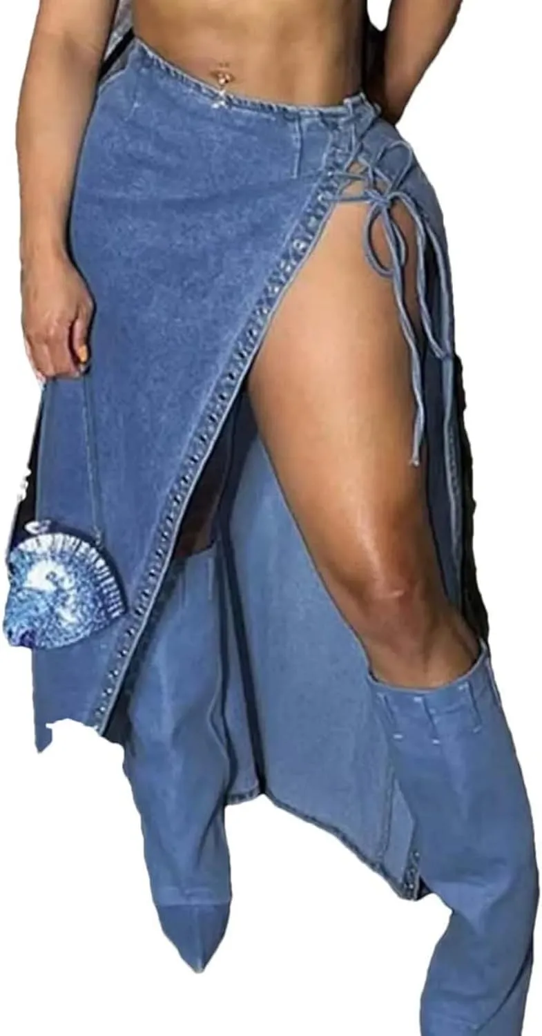 Women High Waist Lace Up Front Slit Denim Skirt Sexy Split Long Casual Street Style A-Line Midi Skirt