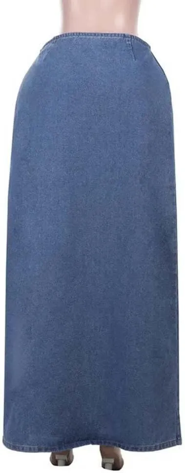 Women High Waist Lace Up Front Slit Denim Skirt Sexy Split Long Casual Street Style A-Line Midi Skirt