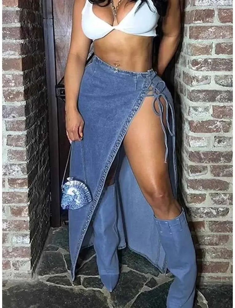 Women High Waist Lace Up Front Slit Denim Skirt Sexy Split Long Casual Street Style A-Line Midi Skirt