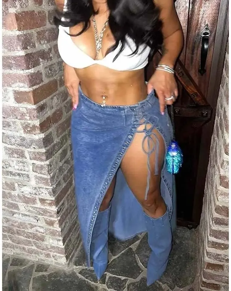 Women High Waist Lace Up Front Slit Denim Skirt Sexy Split Long Casual Street Style A-Line Midi Skirt