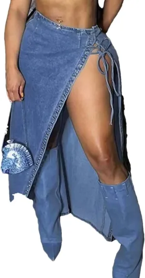 Women High Waist Lace Up Front Slit Denim Skirt Sexy Split Long Casual Street Style A-Line Midi Skirt