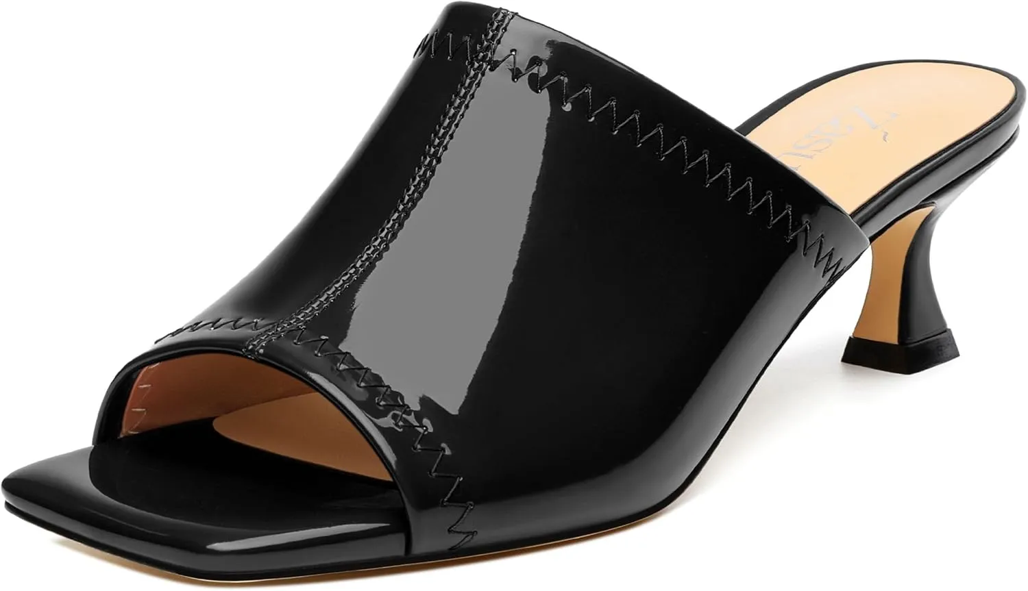 Women Low Kitten Heel Open Square Toe Mules Shoes Patent Slip on Dating Casual Sandals for Women 2 Inch