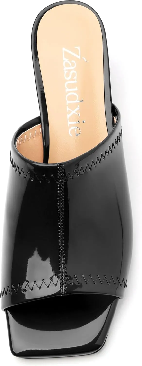 Women Low Kitten Heel Open Square Toe Mules Shoes Patent Slip on Dating Casual Sandals for Women 2 Inch