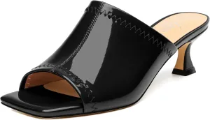 Women Low Kitten Heel Open Square Toe Mules Shoes Patent Slip on Dating Casual Sandals for Women 2 Inch