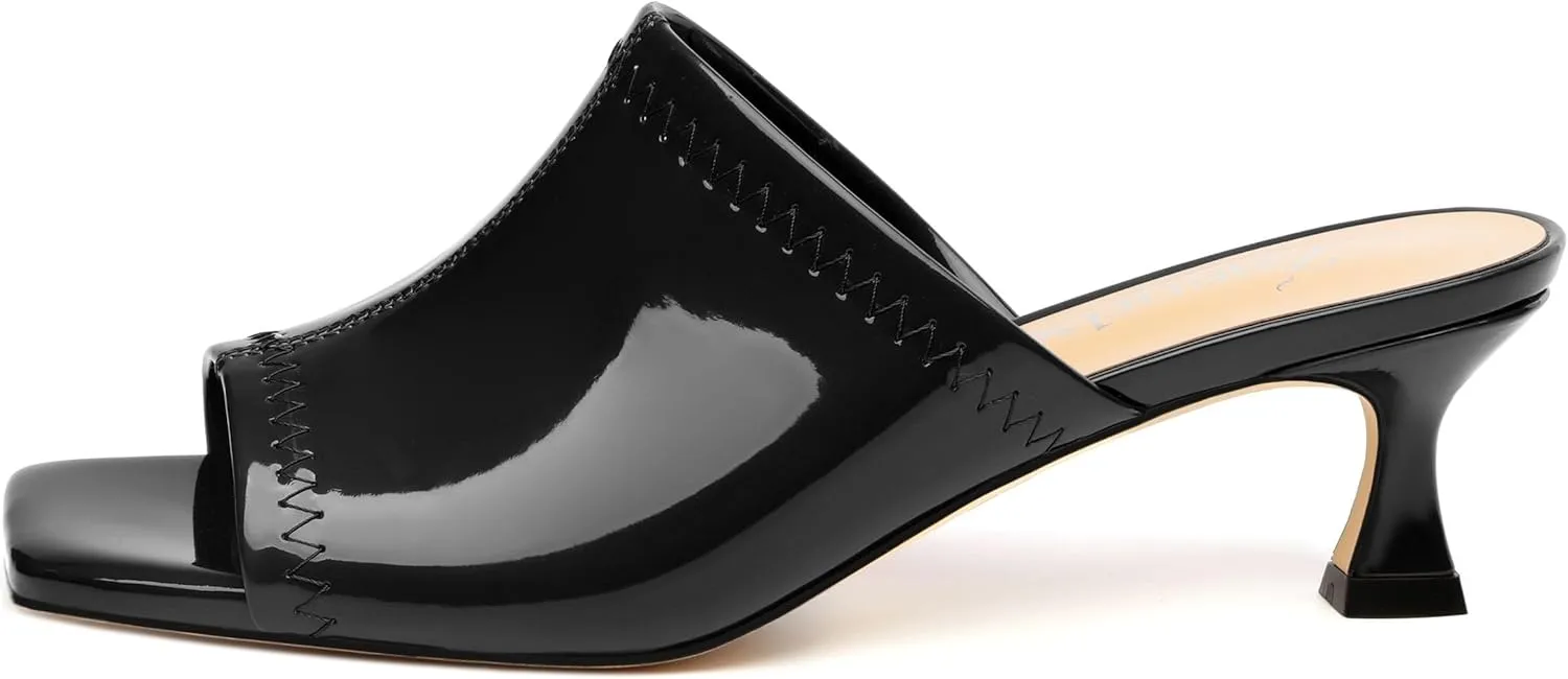 Women Low Kitten Heel Open Square Toe Mules Shoes Patent Slip on Dating Casual Sandals for Women 2 Inch