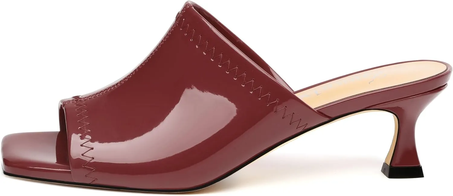 Women Low Kitten Heel Open Square Toe Mules Shoes Patent Slip on Dating Casual Sandals for Women 2 Inch