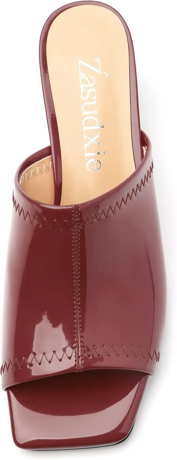 Women Low Kitten Heel Open Square Toe Mules Shoes Patent Slip on Dating Casual Sandals for Women 2 Inch