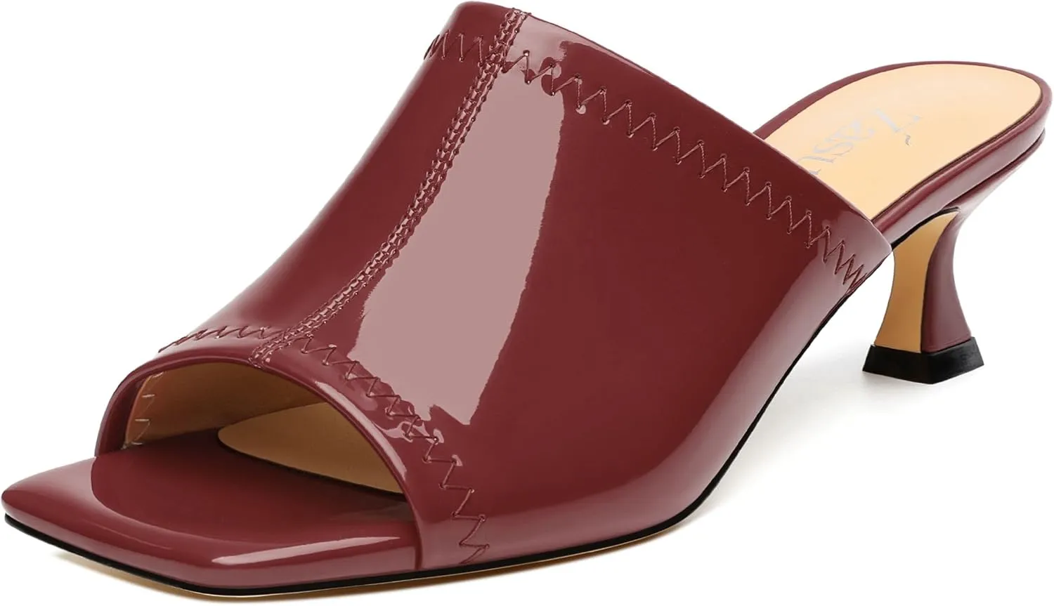 Women Low Kitten Heel Open Square Toe Mules Shoes Patent Slip on Dating Casual Sandals for Women 2 Inch