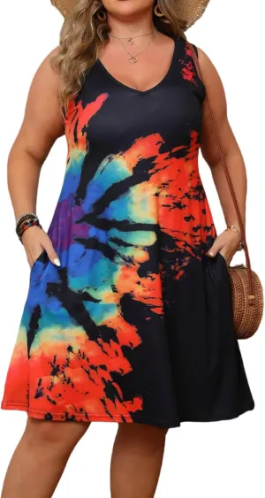 Women Plus Size V Neck Sleeveless Floral Print Pocket T Shirt Dresses Casual Midi Tank Dress Beach Cover up Sundress (XL-5X)
