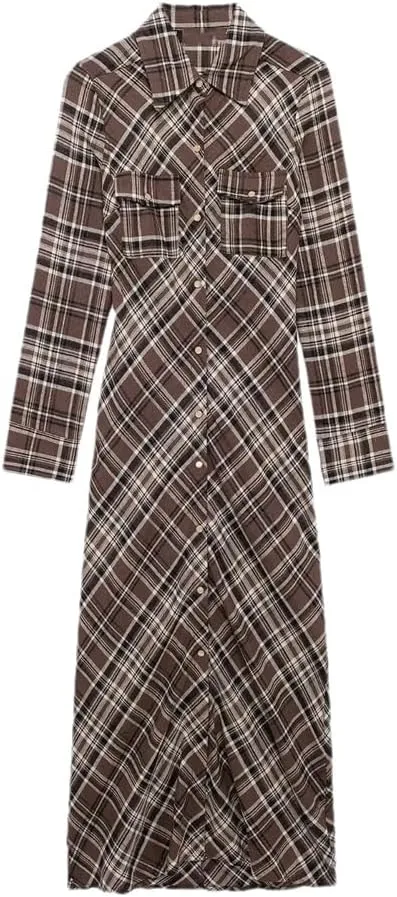 Women Retro Plaid Long Sleeve Midi Dress Single Breasted Casual Shirt Dress with Chest Pocket