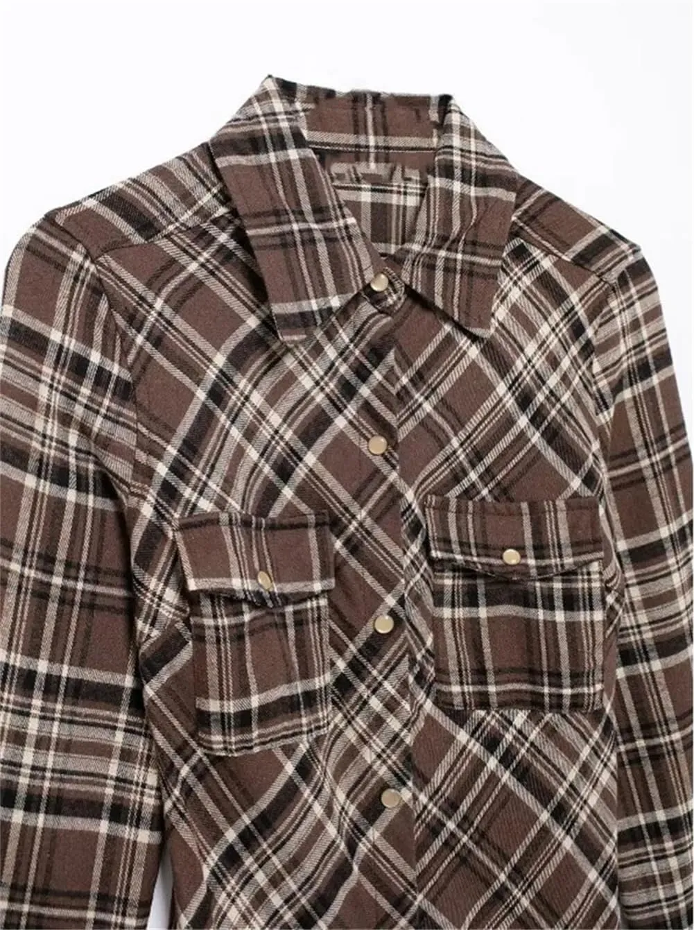 Women Retro Plaid Long Sleeve Midi Dress Single Breasted Casual Shirt Dress with Chest Pocket