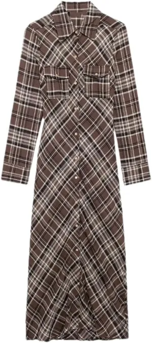 Women Retro Plaid Long Sleeve Midi Dress Single Breasted Casual Shirt Dress with Chest Pocket