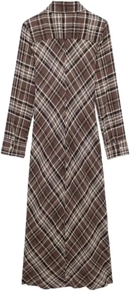 Women Retro Plaid Long Sleeve Midi Dress Single Breasted Casual Shirt Dress with Chest Pocket