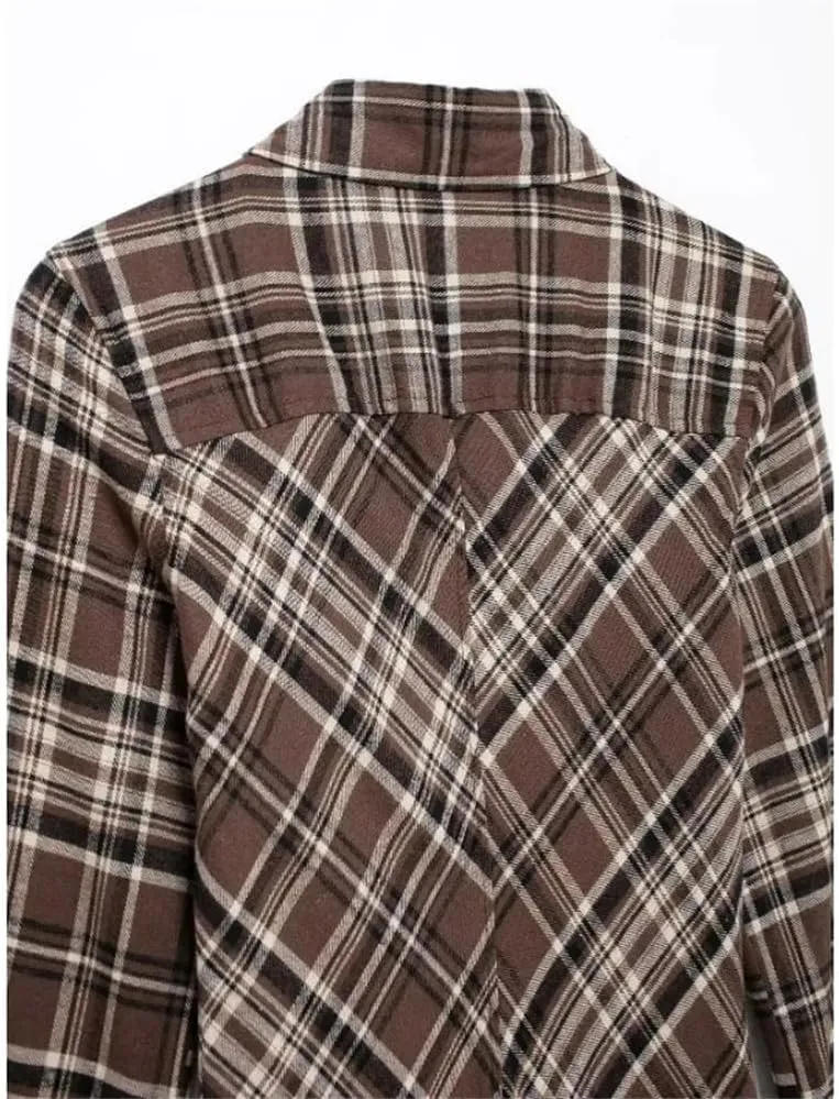 Women Retro Plaid Long Sleeve Midi Dress Single Breasted Casual Shirt Dress with Chest Pocket