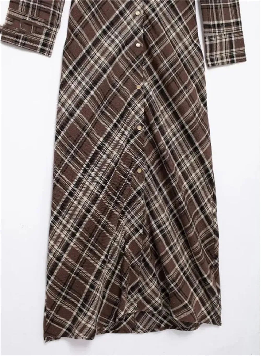 Women Retro Plaid Long Sleeve Midi Dress Single Breasted Casual Shirt Dress with Chest Pocket