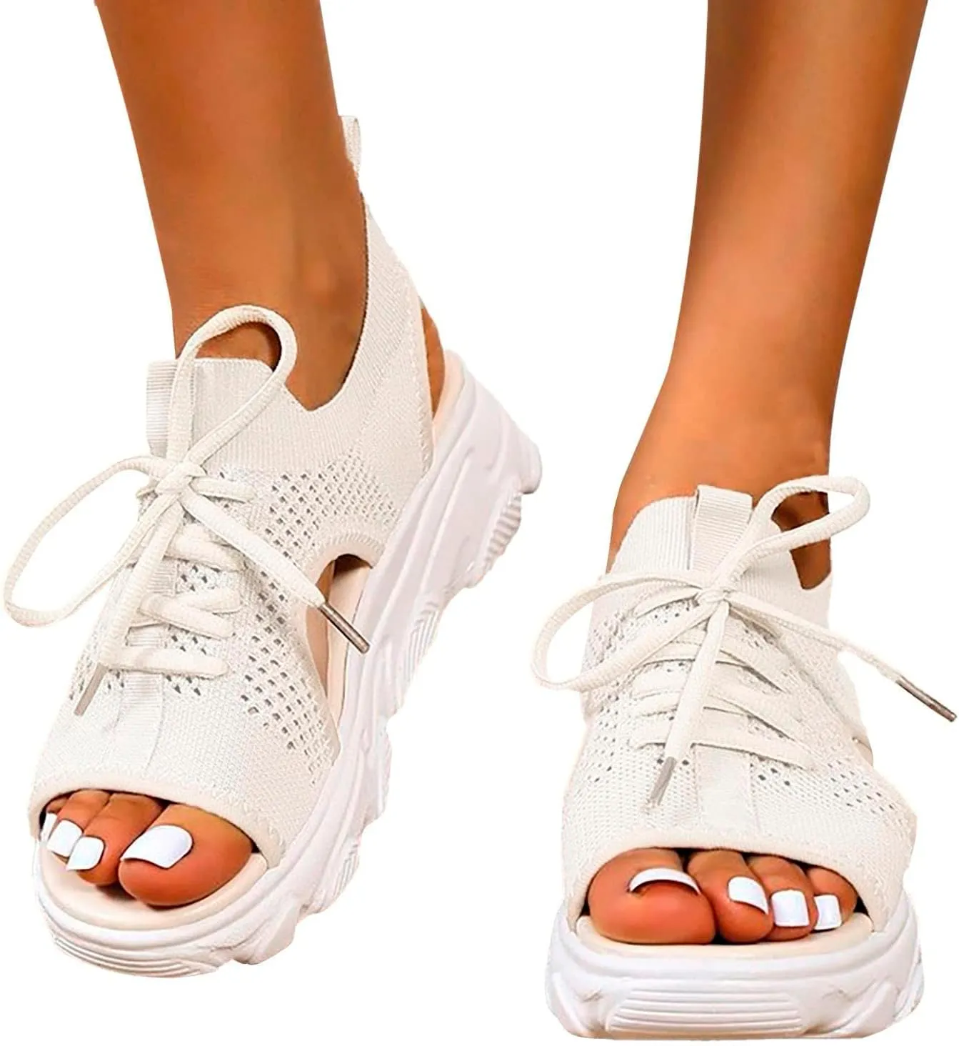 Women Sandals Mesh Casual White Thick Soled Lace Up Sandals Open Toe Beach Shoes