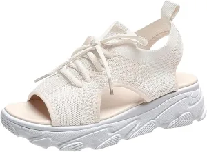 Women Sandals Mesh Casual White Thick Soled Lace Up Sandals Open Toe Beach Shoes