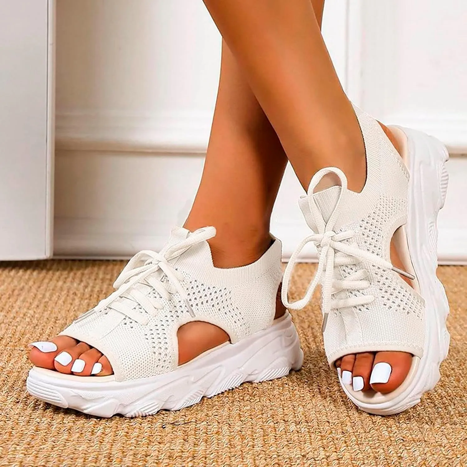 Women Sandals Mesh Casual White Thick Soled Lace Up Sandals Open Toe Beach Shoes