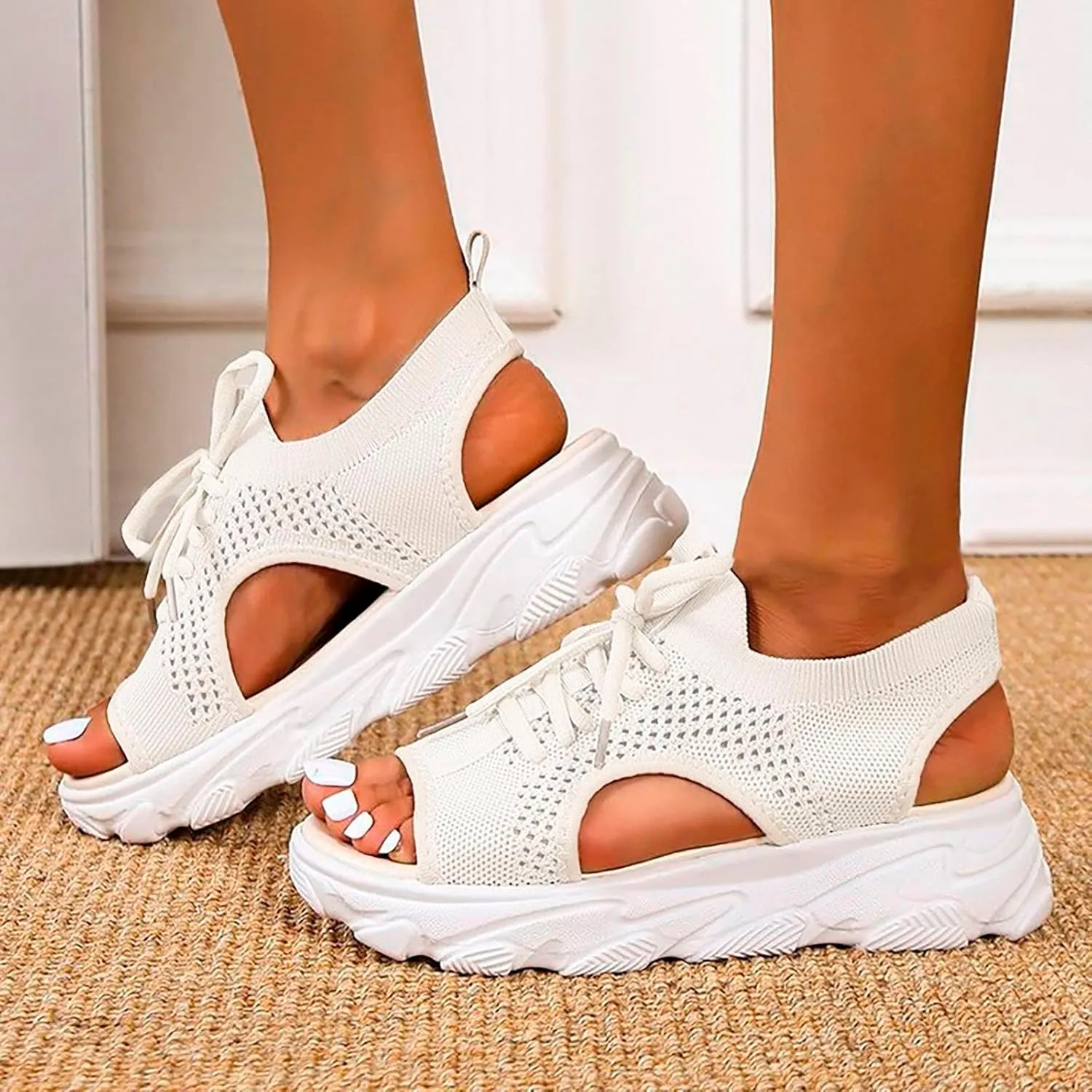 Women Sandals Mesh Casual White Thick Soled Lace Up Sandals Open Toe Beach Shoes