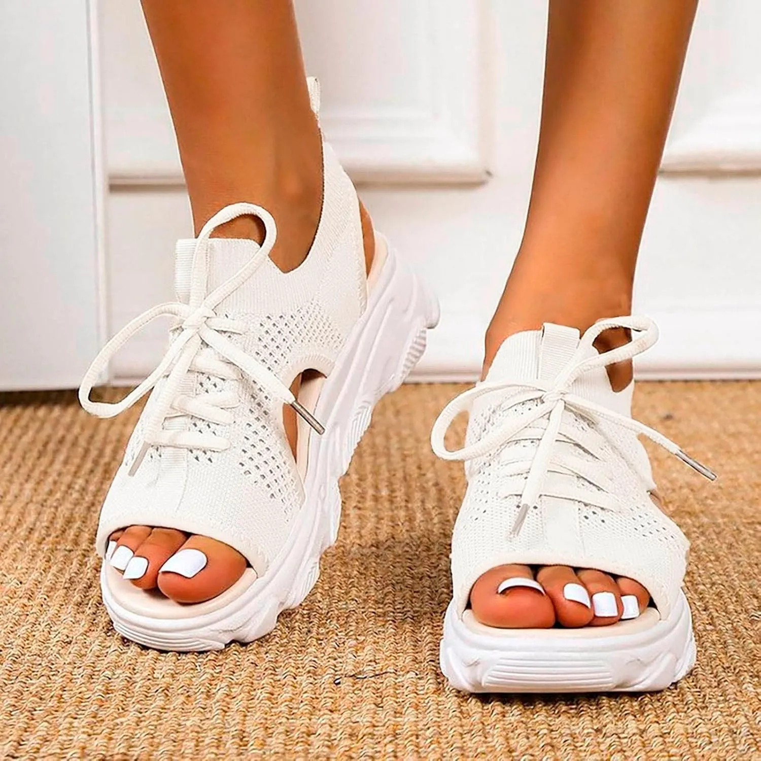 Women Sandals Mesh Casual White Thick Soled Lace Up Sandals Open Toe Beach Shoes