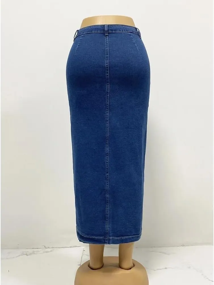 Women Summer Long High Waist Button Front Slit Denim Skirt Casual Slim Fit Vintage Midi Skirt