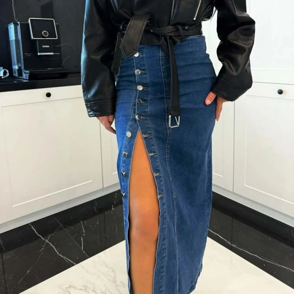 Women Summer Long High Waist Button Front Slit Denim Skirt Casual Slim Fit Vintage Midi Skirt