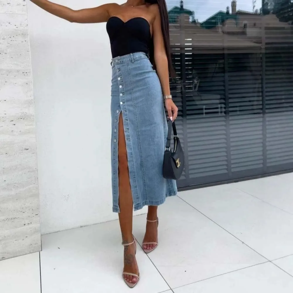 Women Summer Long High Waist Button Front Slit Denim Skirt Casual Slim Fit Vintage Midi Skirt
