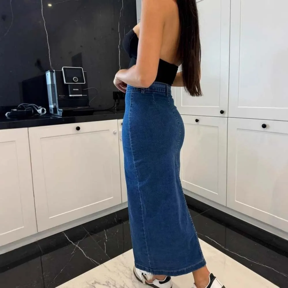Women Summer Long High Waist Button Front Slit Denim Skirt Casual Slim Fit Vintage Midi Skirt