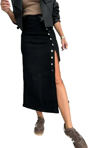 Women Summer Long High Waist Button Front Slit Denim Skirt Casual Slim Fit Vintage Midi Skirt
