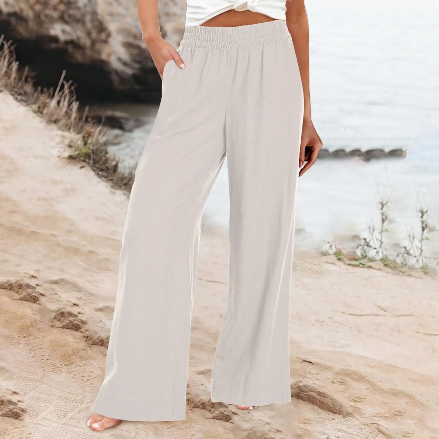 Women Wide Leg Pants High Waisted Cotton Linen Palazzo Lounge Pant Business Casual Paperbag Trousers with Pocket