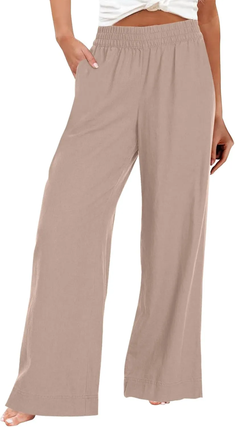 Women Wide Leg Pants High Waisted Cotton Linen Palazzo Lounge Pant Business Casual Paperbag Trousers with Pocket