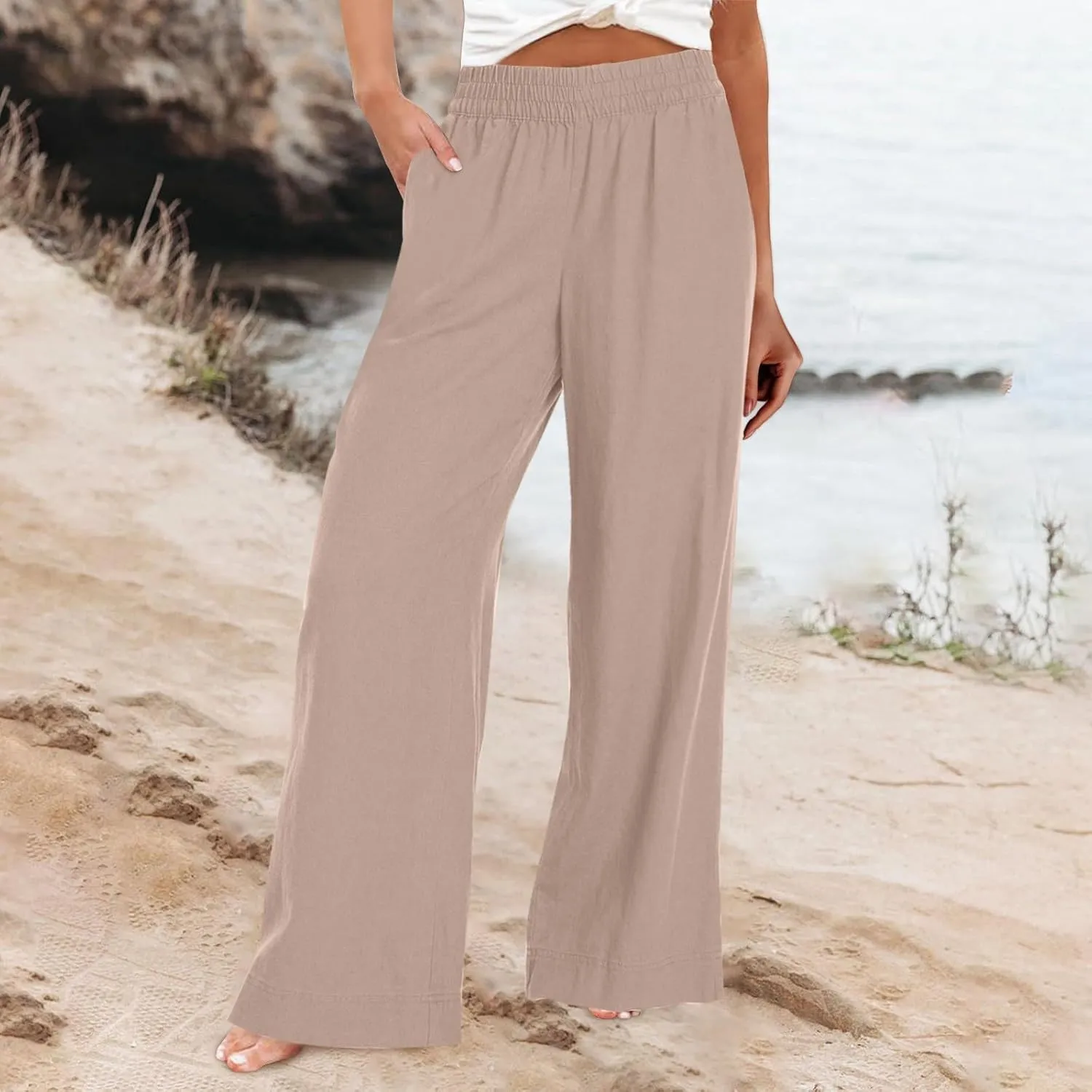 Women Wide Leg Pants High Waisted Cotton Linen Palazzo Lounge Pant Business Casual Paperbag Trousers with Pocket