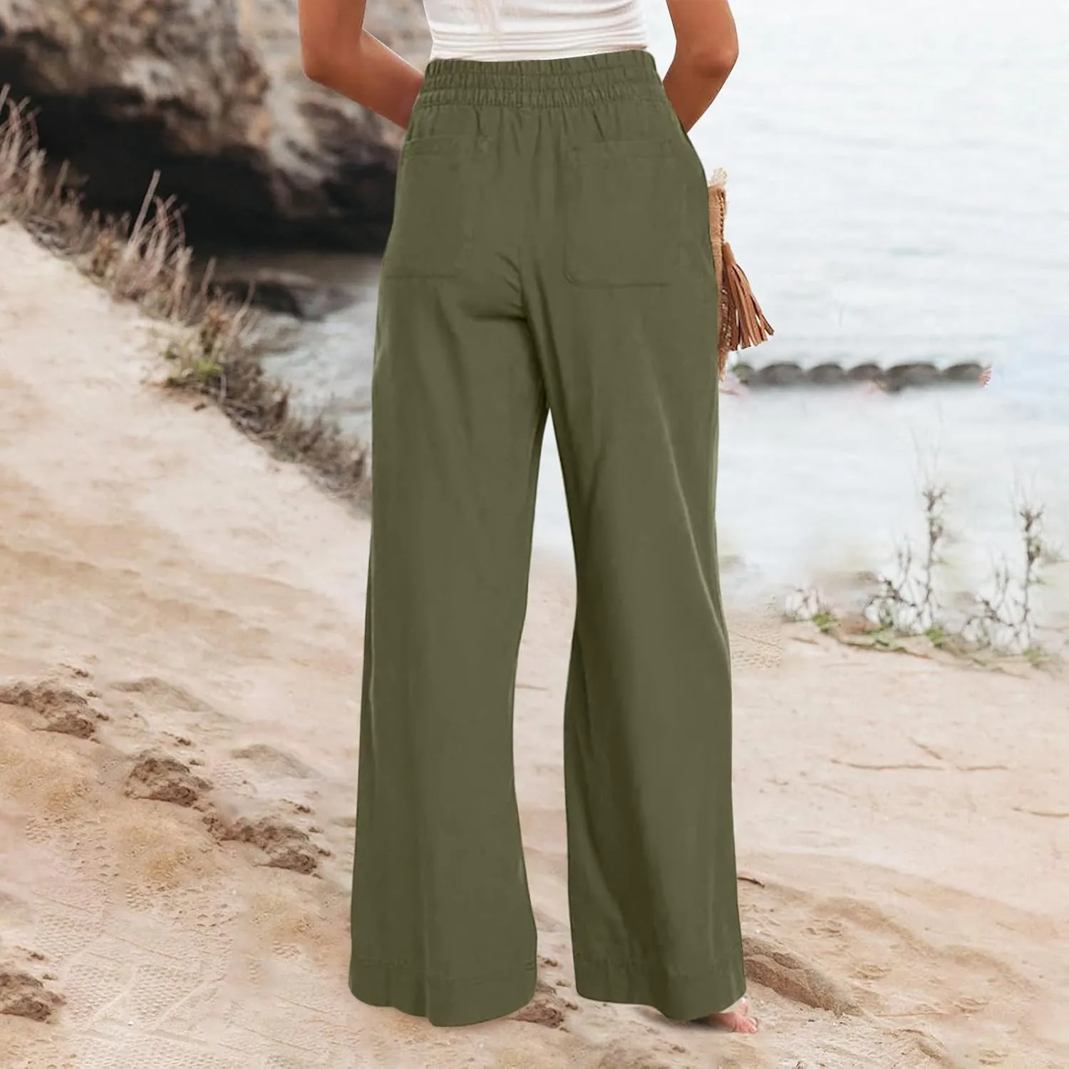 Women Wide Leg Pants High Waisted Cotton Linen Palazzo Lounge Pant Business Casual Paperbag Trousers with Pocket