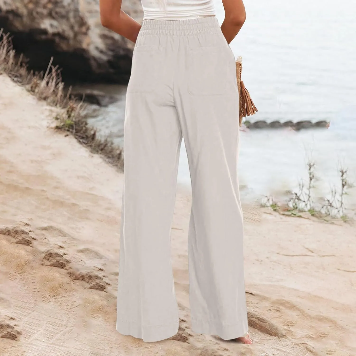 Women Wide Leg Pants High Waisted Cotton Linen Palazzo Lounge Pant Business Casual Paperbag Trousers with Pocket