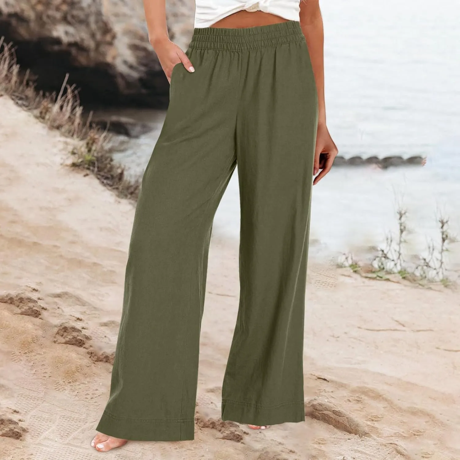 Women Wide Leg Pants High Waisted Cotton Linen Palazzo Lounge Pant Business Casual Paperbag Trousers with Pocket