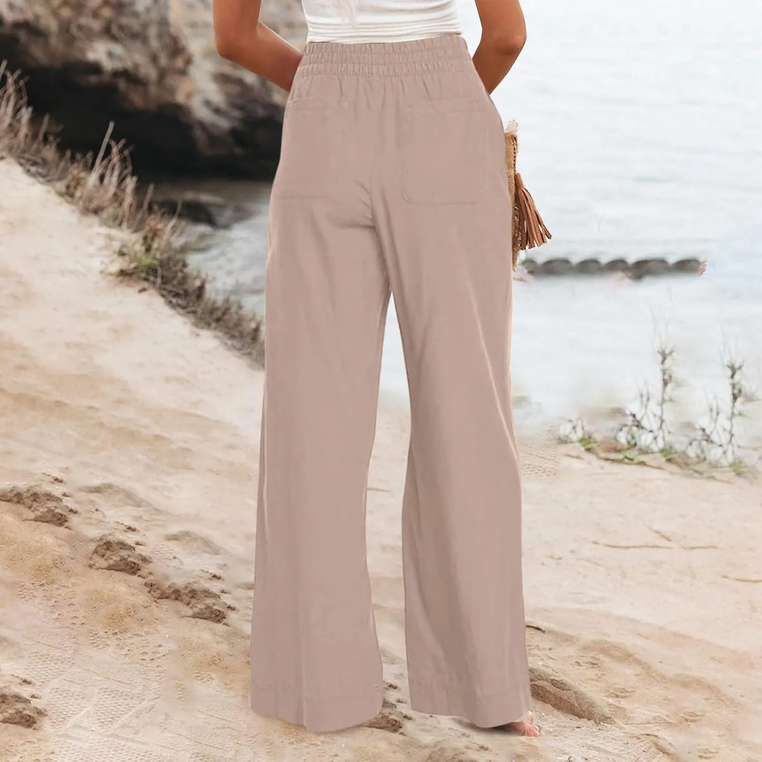 Women Wide Leg Pants High Waisted Cotton Linen Palazzo Lounge Pant Business Casual Paperbag Trousers with Pocket