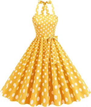 Women's 1950s Retro Halter Dress Vintage Polka Dot Swing Dresses Sleeveless Rockabilly Cocktail Party Dress