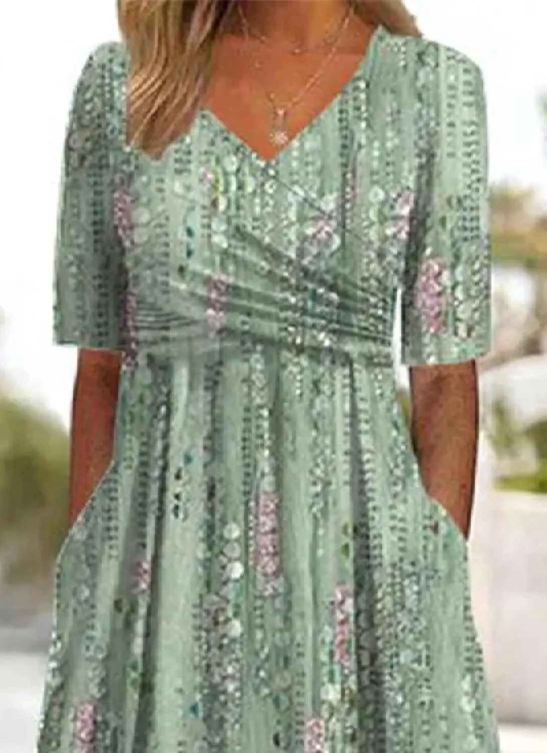Womens 2025 Fashion Outfits Plant Print Side Pocket Midi Dress Stylish V Neck Midi Dress