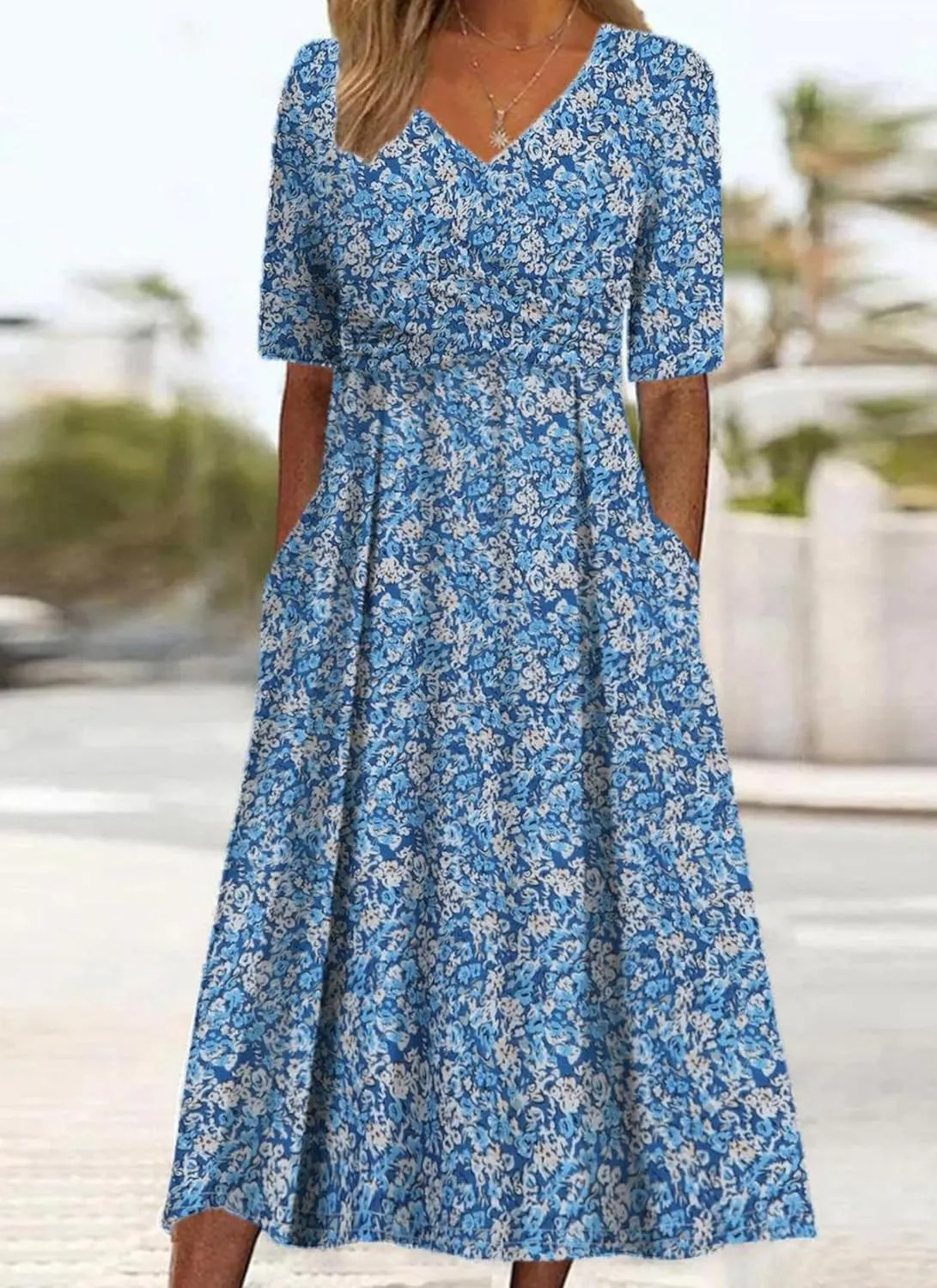 Womens 2025 Fashion Outfits Plant Print Side Pocket Midi Dress Stylish V Neck Midi Dress