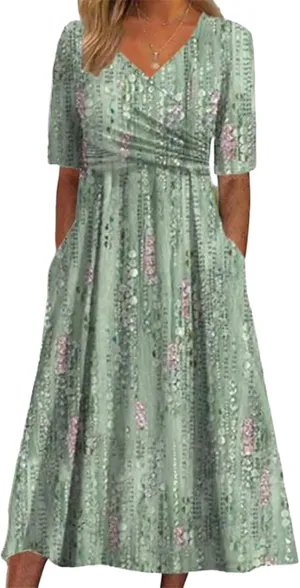 Womens 2025 Fashion Outfits Plant Print Side Pocket Midi Dress Stylish V Neck Midi Dress