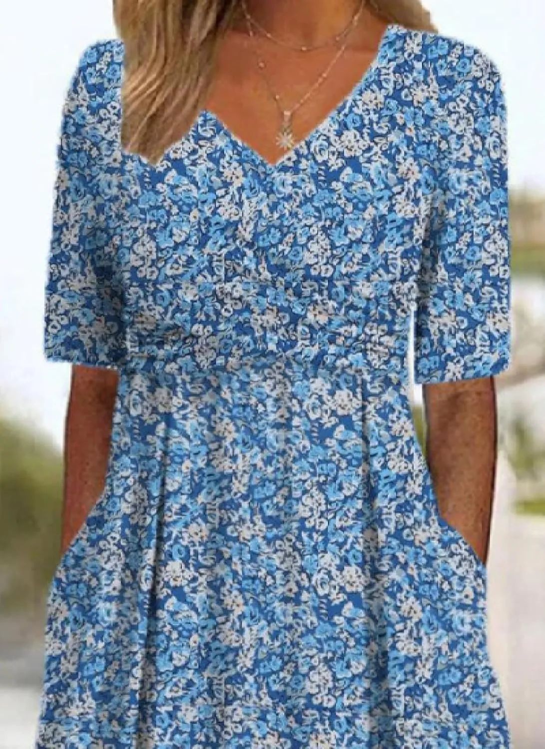 Womens 2025 Fashion Outfits Plant Print Side Pocket Midi Dress Stylish V Neck Midi Dress